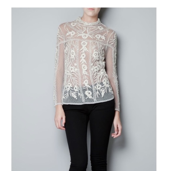 ISO ZARA LACE EMBROIDERED SWISS DOT FLOWERS TOP - Picture 5 of 5